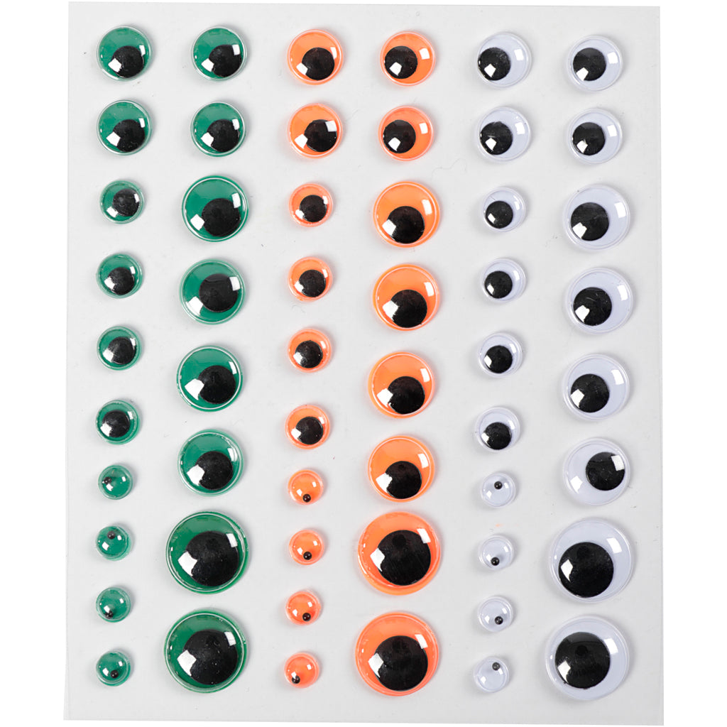 Creativ Company Kulleraugen, selbstklebend, D 6+8+10+12+15 mm, grün, orange, weiß, 54 Stück, 1 Blatt