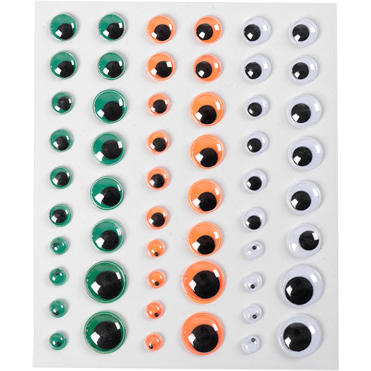 Creativ Company Kulleraugen, selbstklebend, D 6+8+10+12+15 mm, grün, orange, weiß, 54 Stück, 1 Blatt