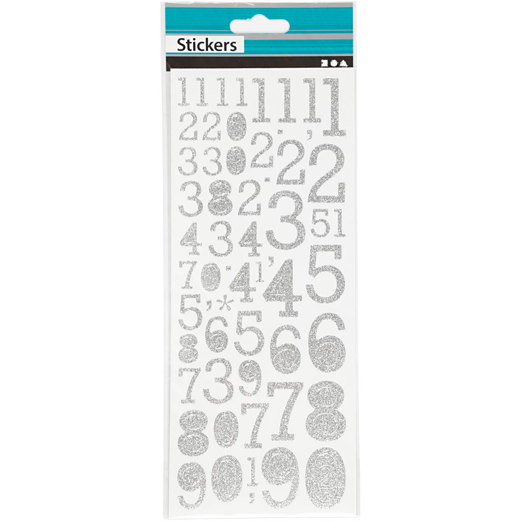 Creativ Company Glitzeraufkleber, Zahlen, Bogen 10x24 cm, silber, 2 Bögen 1 Box