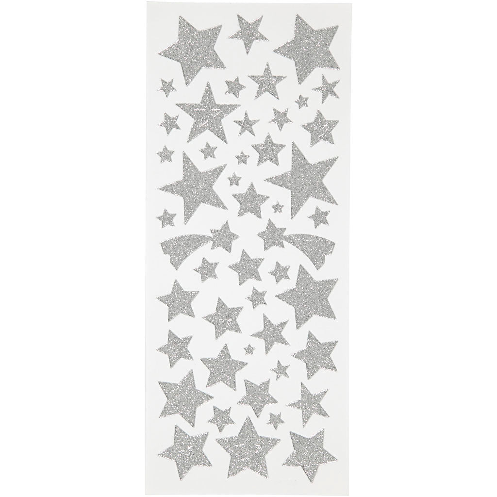 Creativ Company Glitzeraufkleber, Sterne, Bogen 10x24 cm, ca. 110 Stück, Silber, 2 Blatt 1 Box