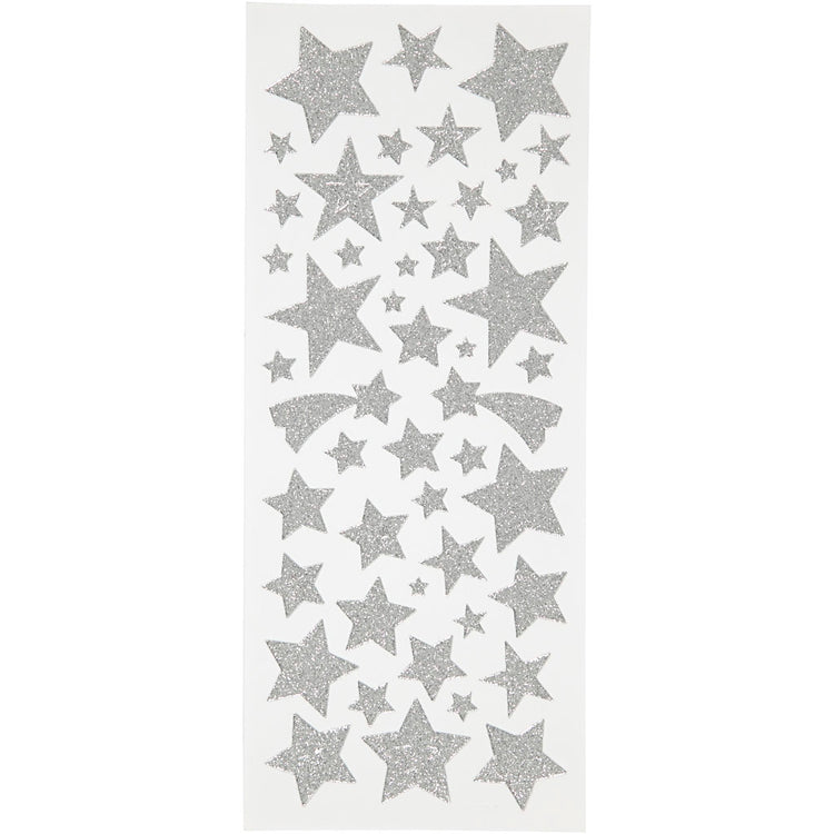 Creativ Company Glitzeraufkleber, Sterne, Bogen 10x24 cm, ca. 110 Stück, Silber, 2 Blatt 1 Box