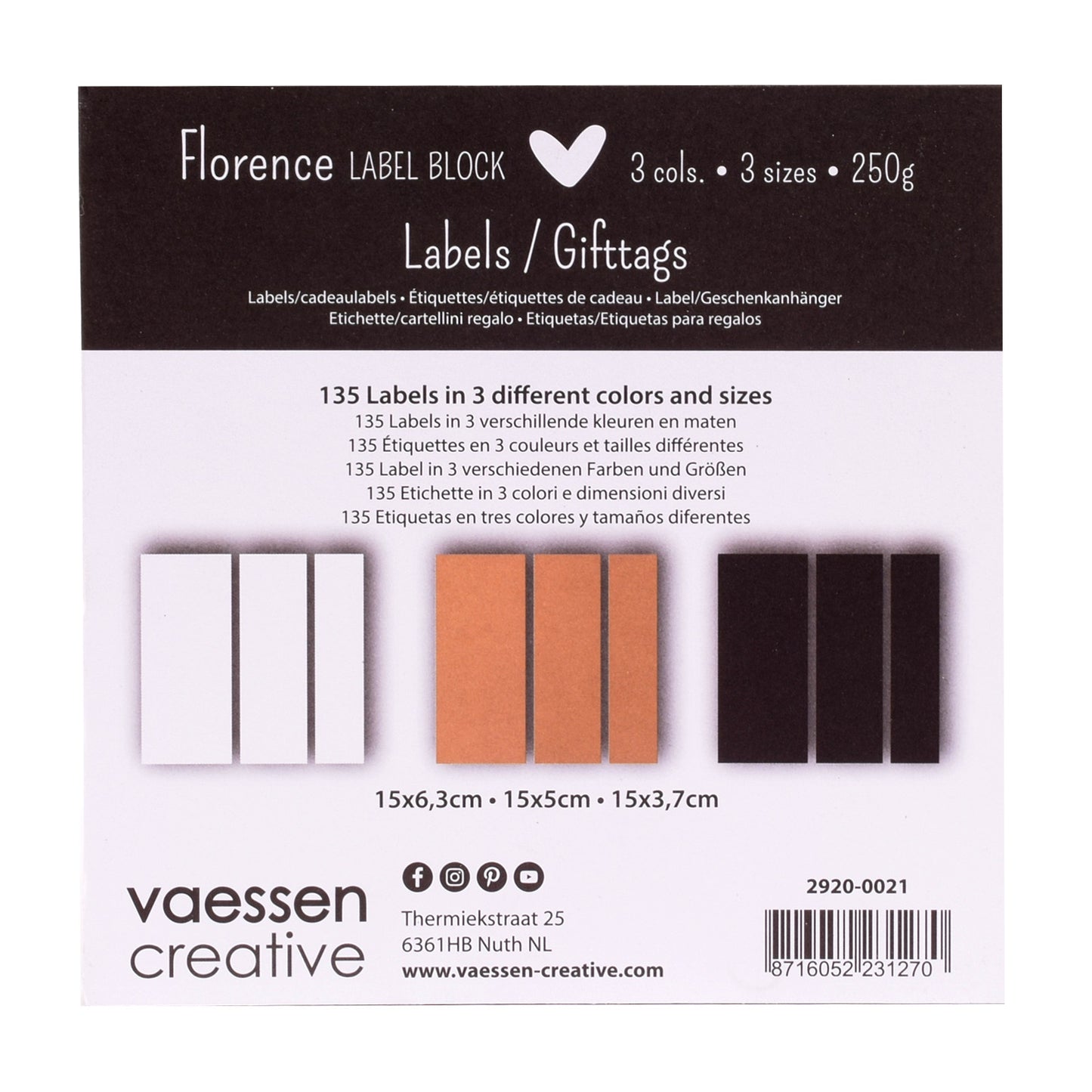Florenz • Etikettenblock 216g, weißes schwarzes Kraftpapier, 135x