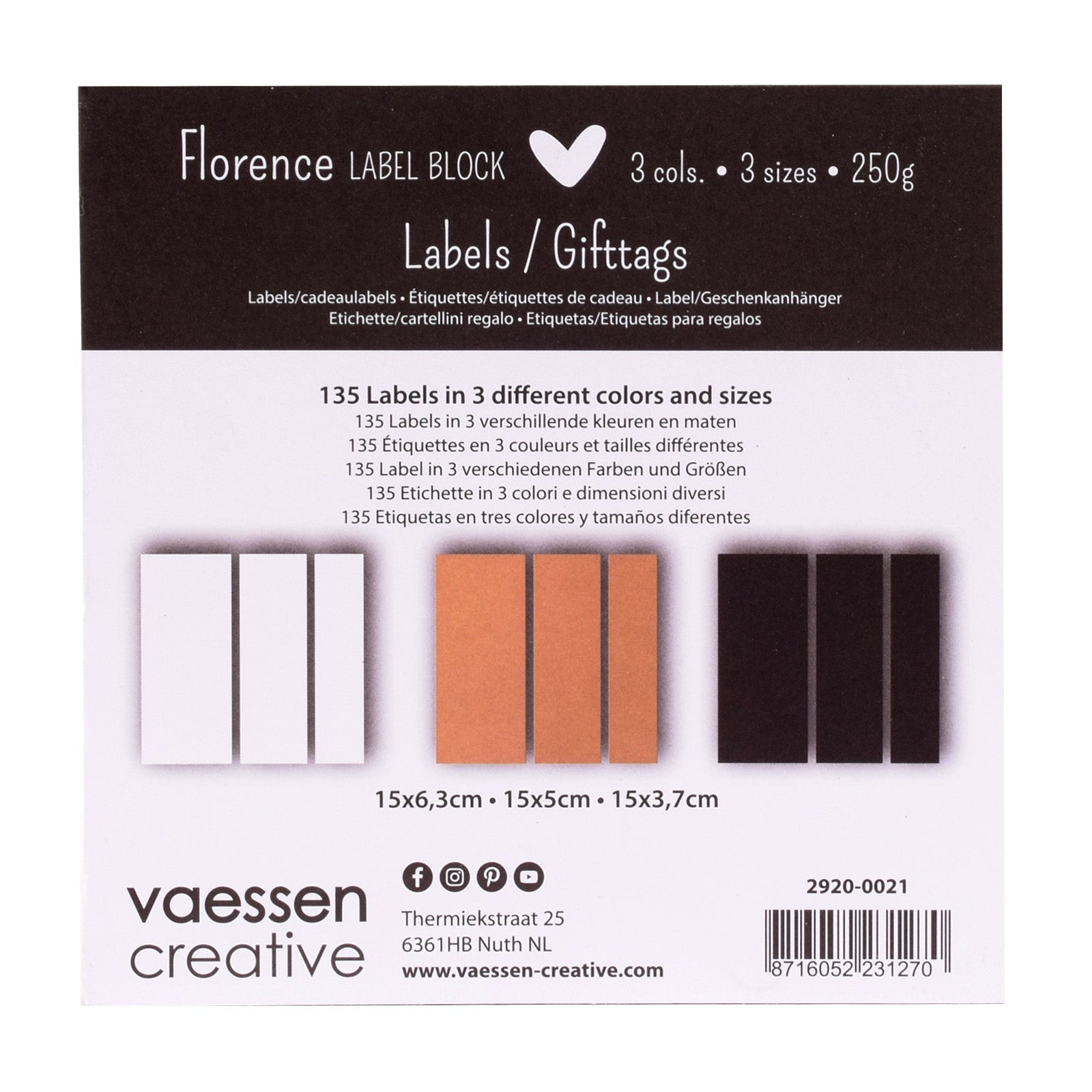 Florenz • Etikettenblock 216g, weißes schwarzes Kraftpapier, 135x