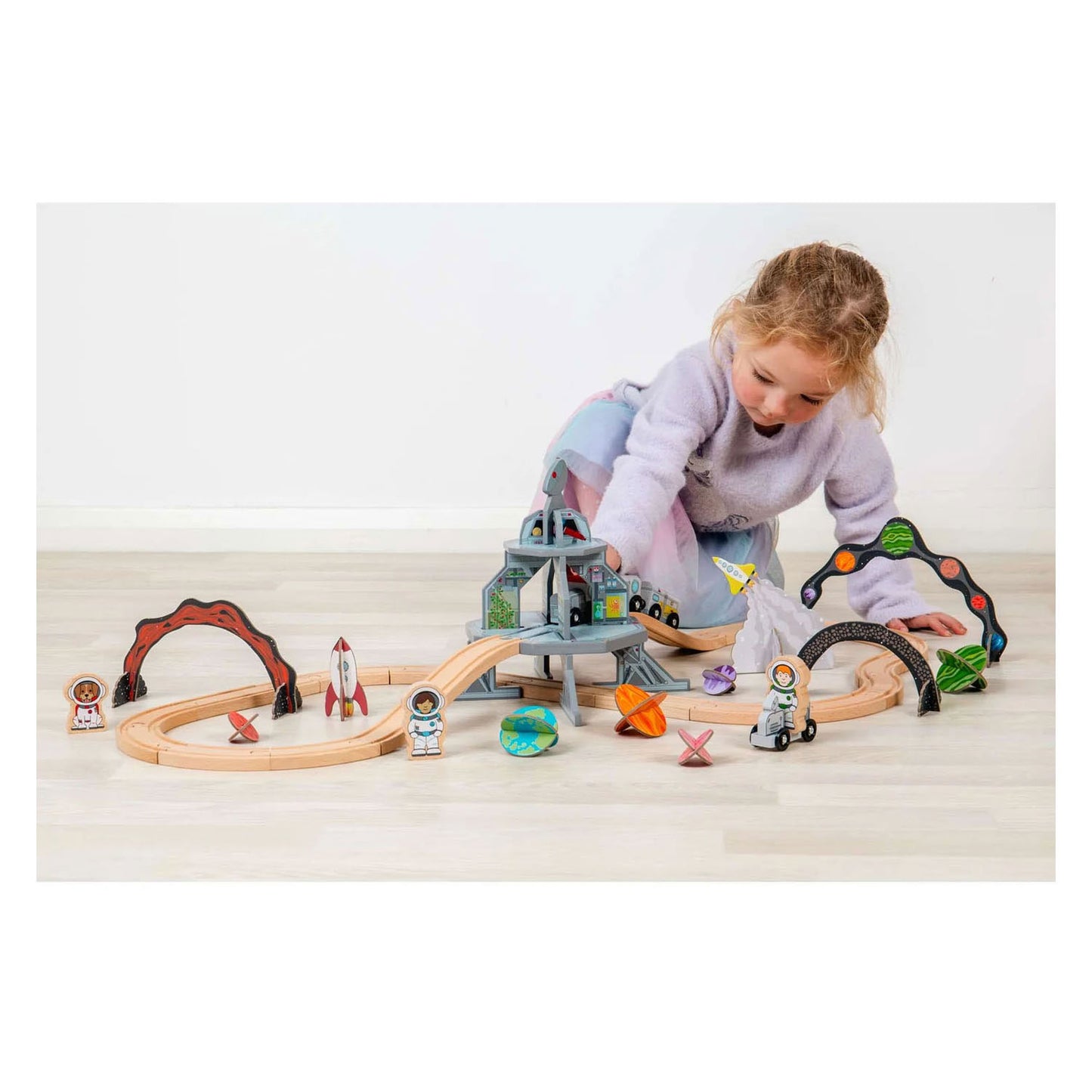 Bigjigs Raumzug-Set aus Holz – 40-teilig.