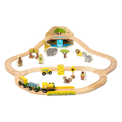 Bigjigs Safari-Eisenbahn-Set aus Holz – 38-teilig.