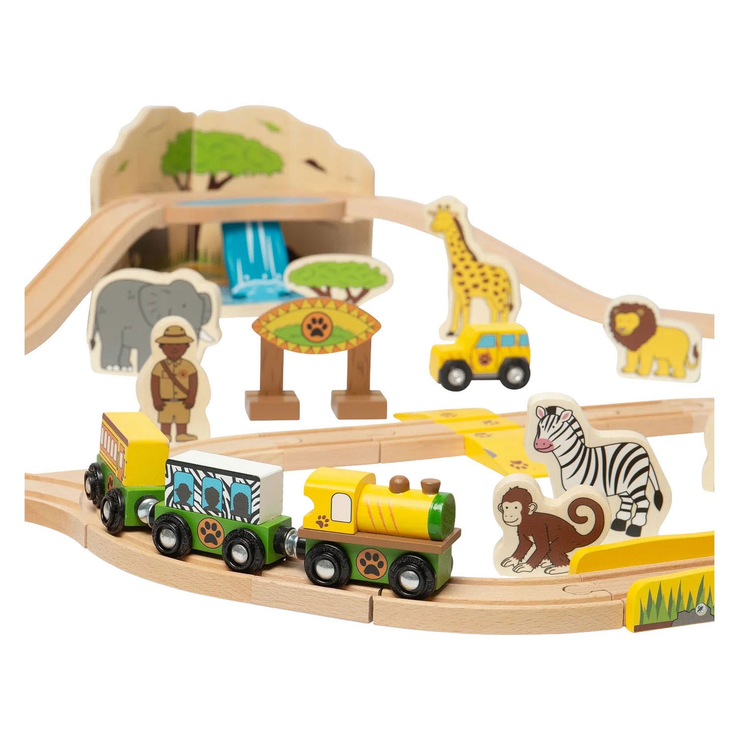 Bigjigs Safari-Eisenbahn-Set aus Holz – 38-teilig.