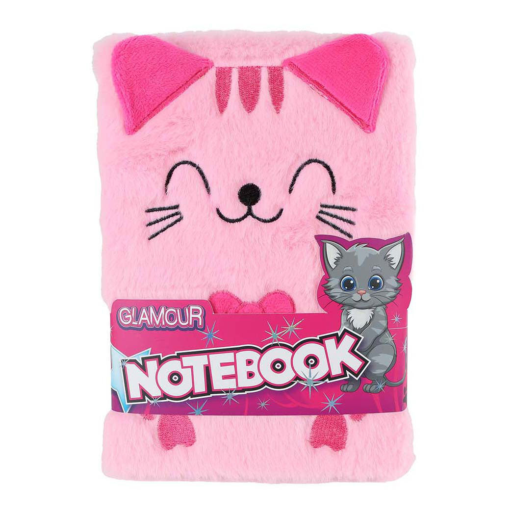 Glamour-Notizbuch mit flauschiger Katze, A5, Rosa – 80 Seiten.