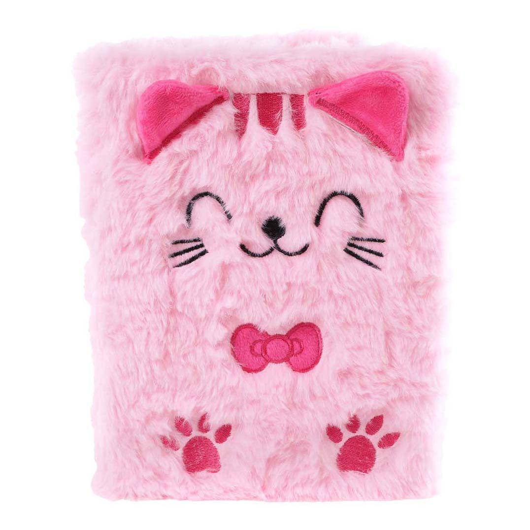 Glamour-Notizbuch mit flauschiger Katze, A5, Rosa – 80 Seiten.