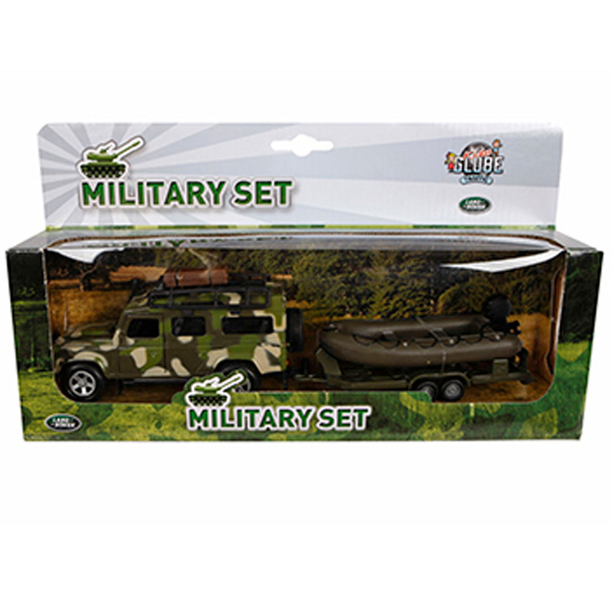 Kids Globe Die Cast Land Rover mit Anhänger und Bootsarmee