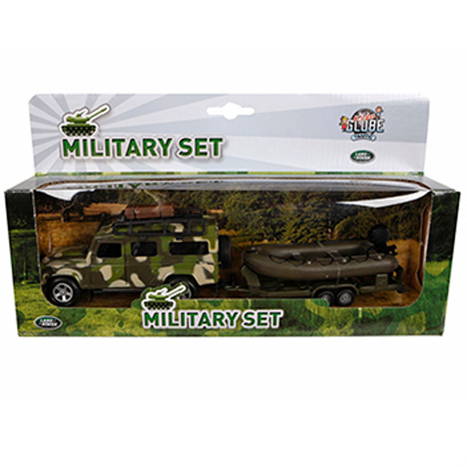 Kids Globe Die Cast Land Rover mit Anhänger und Bootsarmee