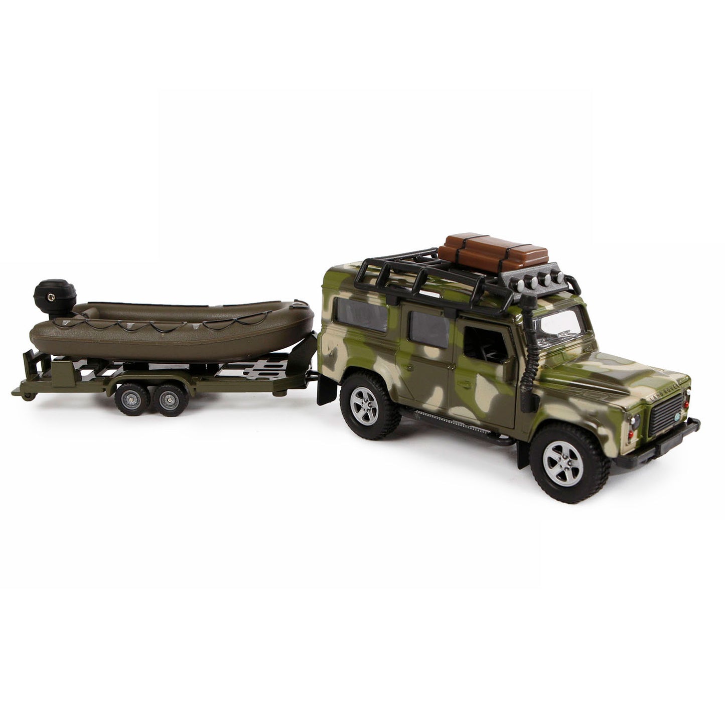 Kids Globe Die Cast Land Rover mit Anhänger und Bootsarmee