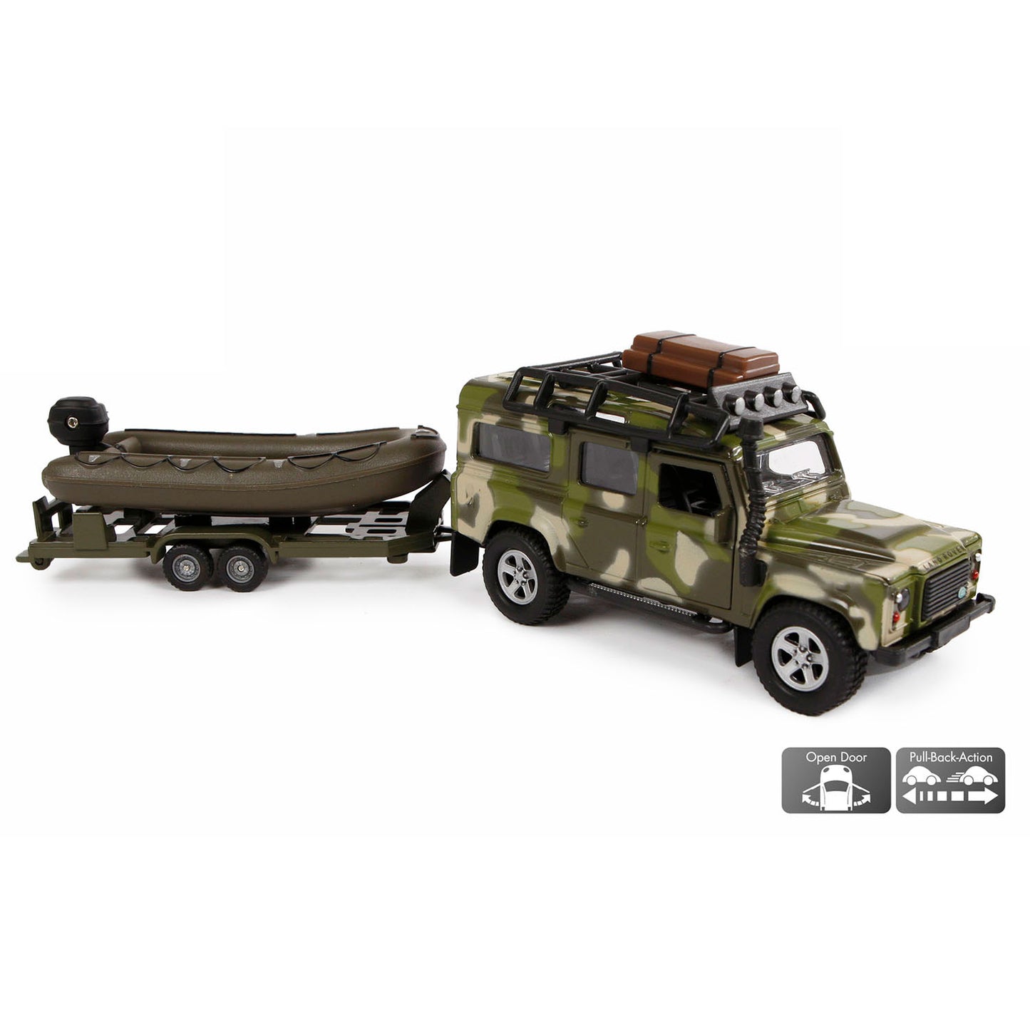 Kids Globe Die Cast Land Rover mit Anhänger und Bootsarmee