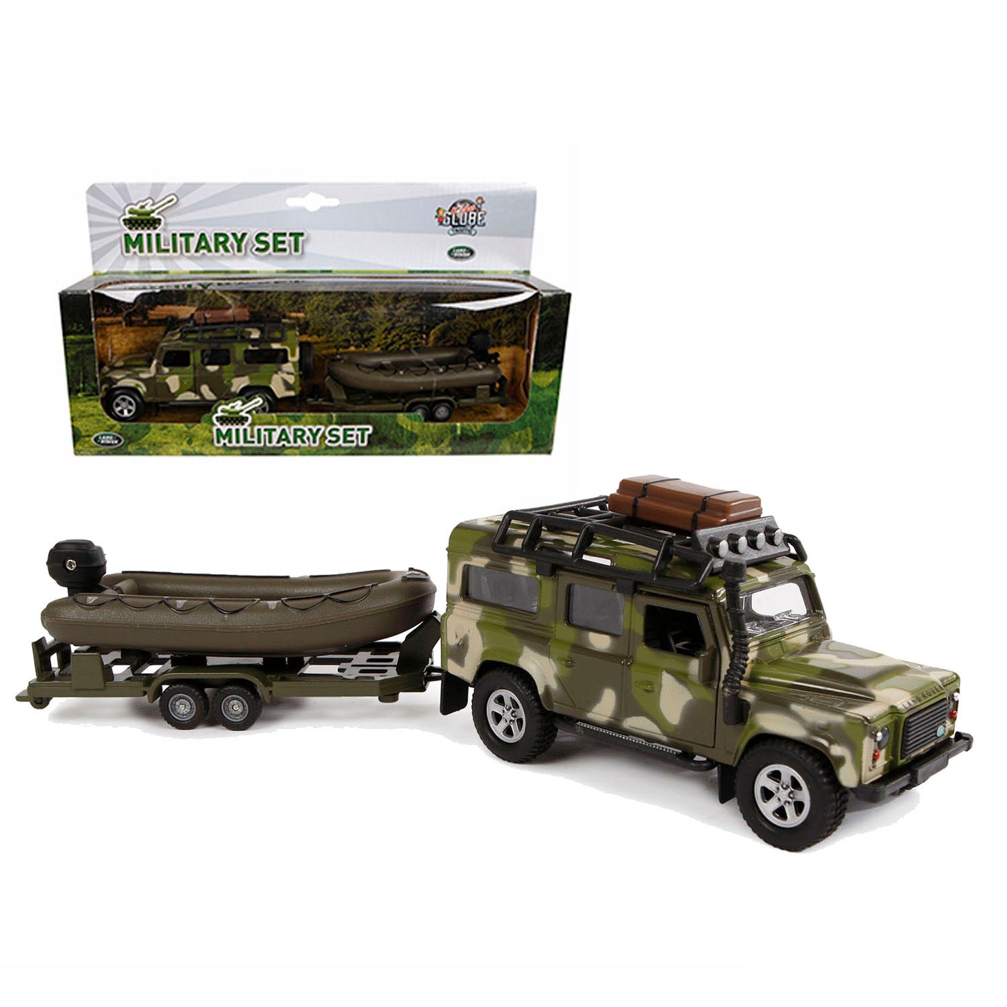 Kids Globe Die Cast Land Rover mit Anhänger und Bootsarmee