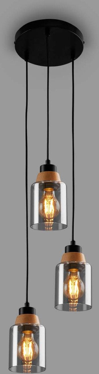 Briloner - Royk - 3-flammige Hängelampe, Rauchglas, Deckenlampe, Deckenlampe, Lampe, Wohnzimmerlampe, Lampenschirm aus Rauchglas, Hängelampe, Kronleuchter, Schlafzimmerlampe, Schwarz-Holz