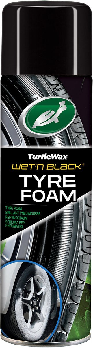 Turtle Wax Wet n Black Tires Foam – 2-in-1-Schaumformel – verleiht satten schwarzen Glanz – Silikonpolymere sorgen für eine Schutzschicht – 500 ml