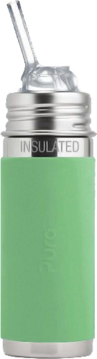 Pura Thermos-Strohhalmflasche Free-Flow 260 ml – Thermoskanne – Thermosflasche – plastikfrei – mit Isolationswand – 2-fach verwendbar – medizinisches Qualitätssilikon – inklusive Free-Flow-Silikon-Strohhalm, Reisekappe, Hülle und Bürste – Mooshülle