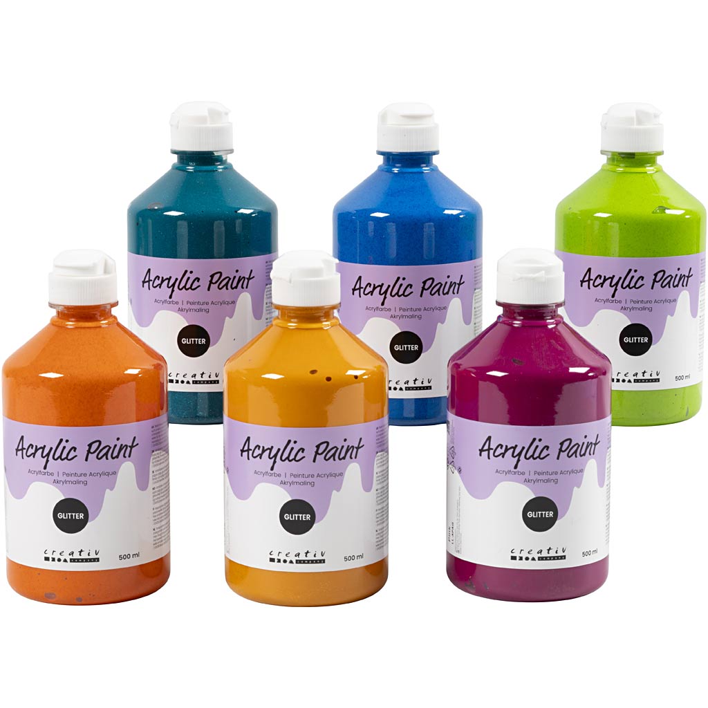Creativ Company Acrylfarbe mit Glitzer, verschiedene Farben, 6x500 ml 1 Box