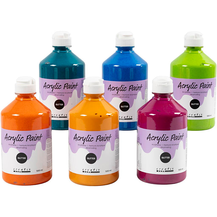 Creativ Company Acrylfarbe mit Glitzer, verschiedene Farben, 6x500 ml 1 Box