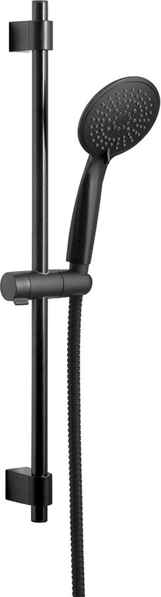 Wenko Duschset Young Line in Mattschwarz mit Edelstahl-Duschstange 66 cm, Brausekopfhalter, Brausekopf ø11 cm mit 5 Positionen und Brauseschlauch 150 cm – Schwarz