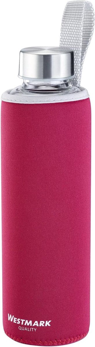 Westmark Trinkflasche, mit Aufdruck, inkl. Schutzhülle, 550 ml, Glas-Silikonkautschuk, BPA-frei, Viva, rot silber transparent, 5272226r