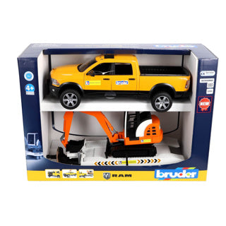 BRUDER AUTO RAM 2500 Power Wagen Mietservice mit Anhänger und Minibagger
