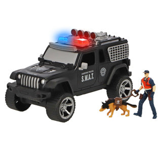Polizeiauto mit Lichtern und Geräuschen, Polizist, Polizeihund und Zubehör