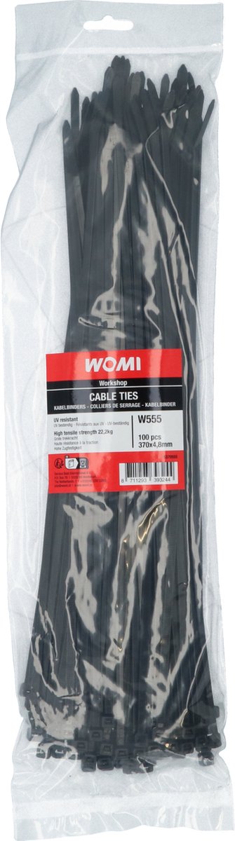 Womi Kabelbinder 370x4,8 mm schwarz – 100 Stück – starkes Nylon – zuverlässiger Verschluss – hohe Zugfestigkeit
