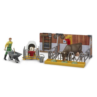 Bruder Bworld Cowshal mit Kalb und Landwirt