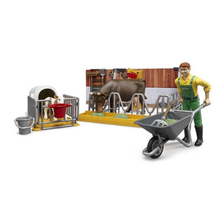 Bruder Bworld Cowshal mit Kalb und Landwirt