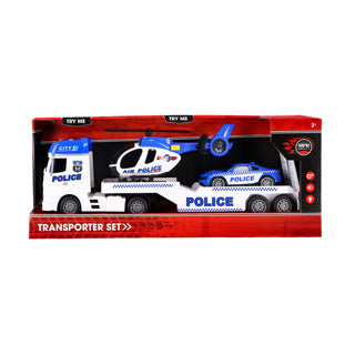 Schnelle Räder Autotransporterpolizei mit Auto und Hubschrauber mit Licht, Klang und Reibung