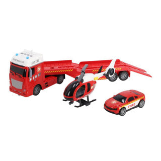 Schnelle Räder Autotransporter Feuerbrigade mit Auto und Hubschrauber mit Licht, Klang und Reibung
