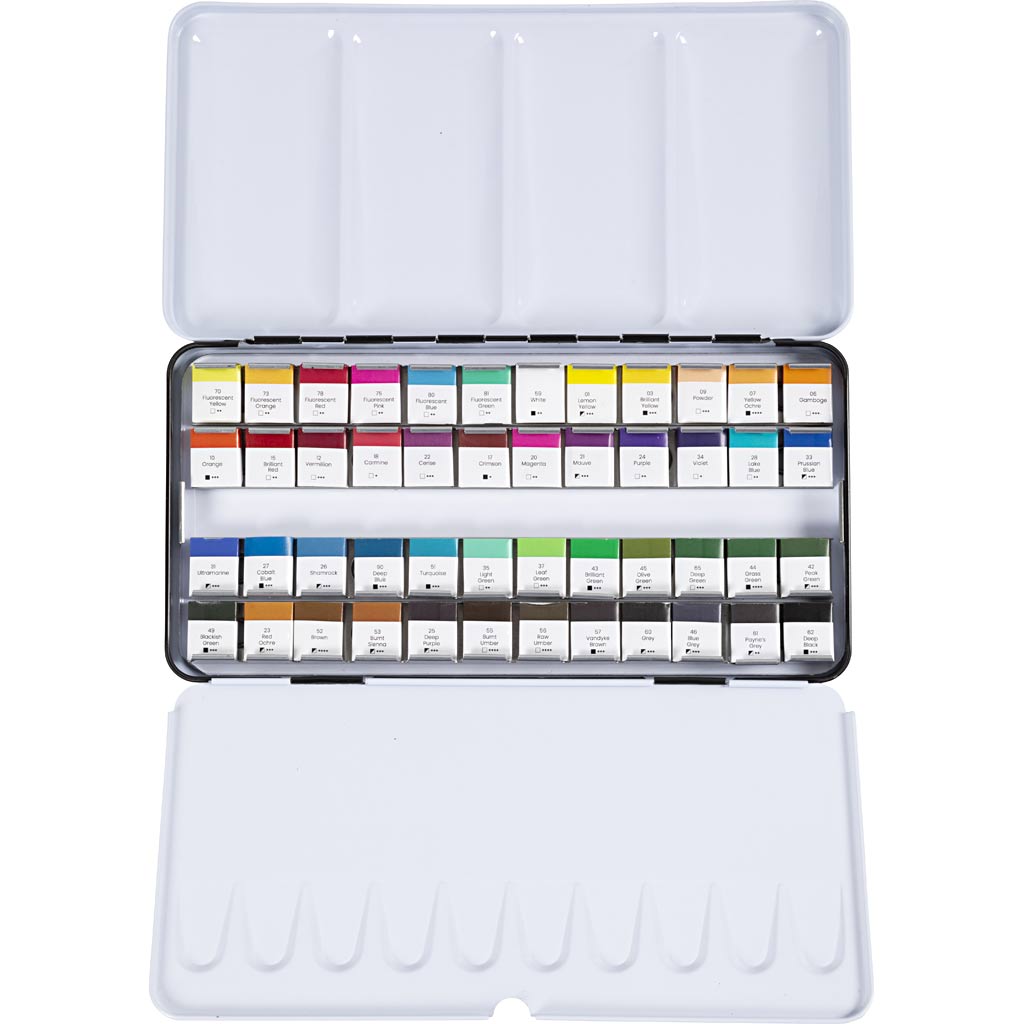 Creativ Company Art Aquarellfarbe, ½ Näpfchen, Größe 10x15x20 mm, Standardfarben, 48 Farben 1 Box