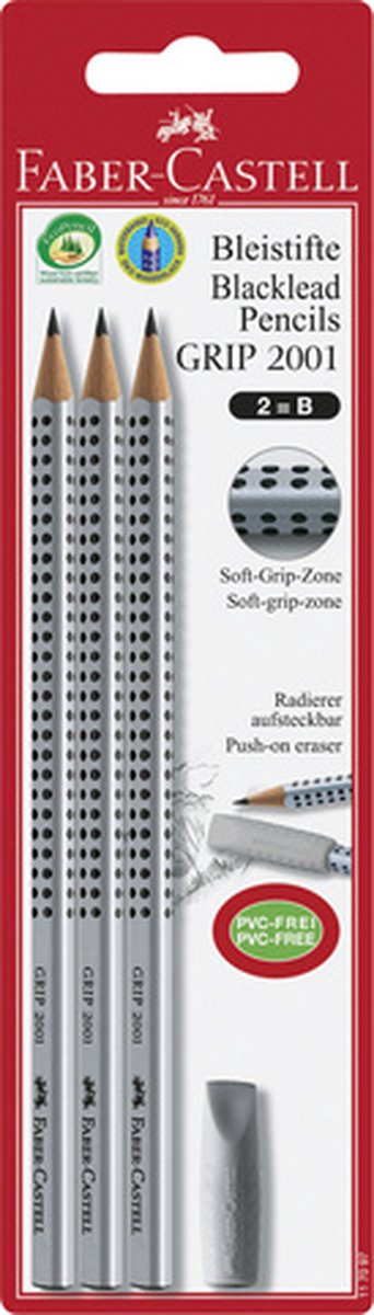 Faber-Castell Faber-Castell Graphitstift-Set – Griff 2001 – Härte B – mit Radierkappe – 3 Stück im Blister – FC-117097