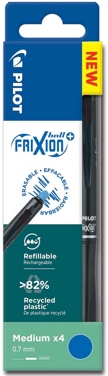 Pilotenbrieftasche – 4er-Set – Frixion Ball Plus – radierbarer Tintenroller – Blau – mittlere Spitze