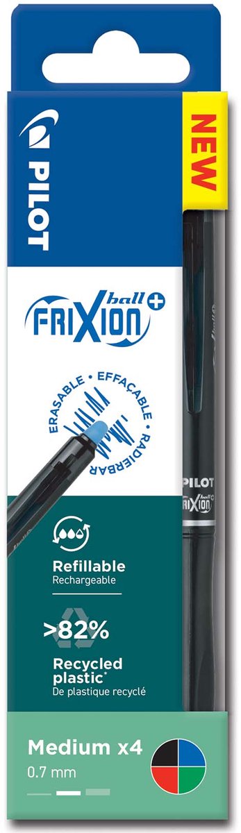 Pilotenbrieftasche – 4er-Set – Frixion Ball Plus – radierbarer Tintenroller – Schwarz, Blau, Rot, Grün – mittlere Spitze