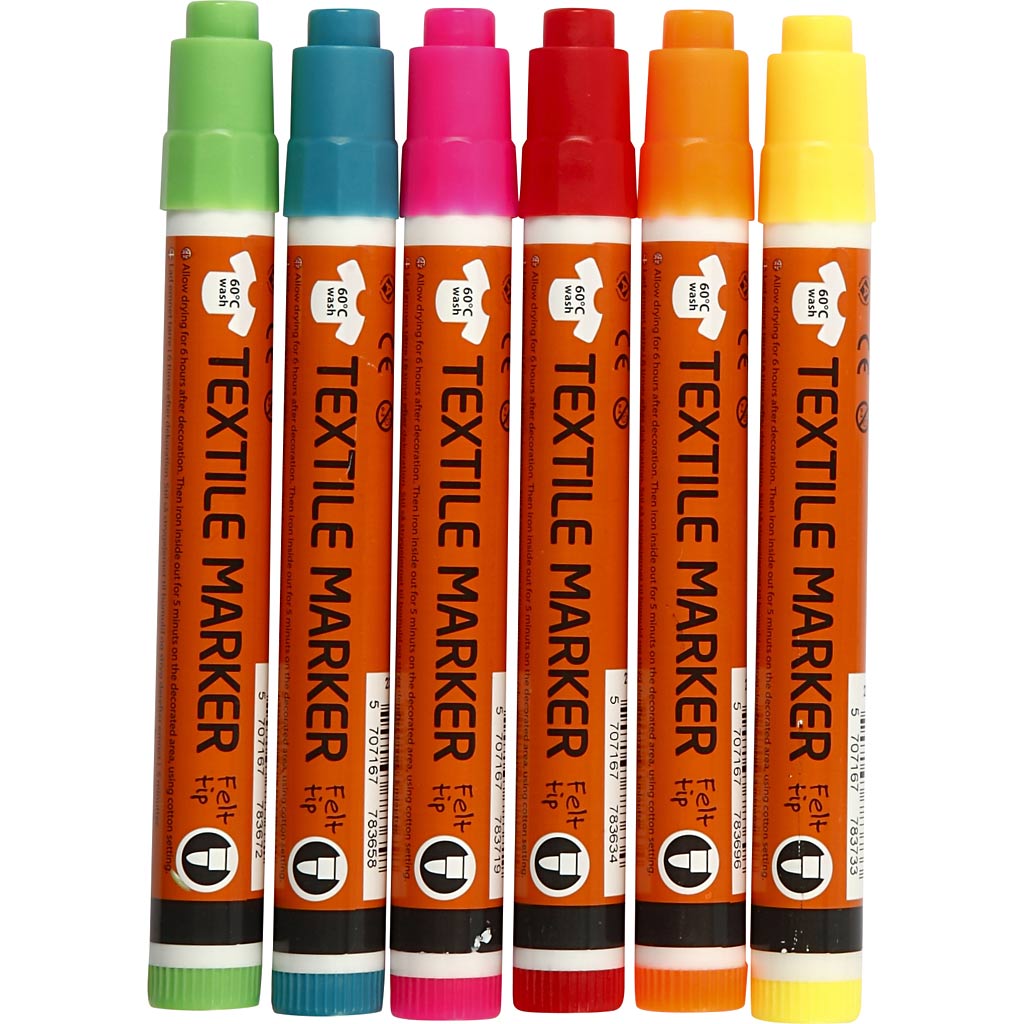Textilmarker, Strichstärke 2-4 mm, Neonfarben, 6 Stück, 1 Box