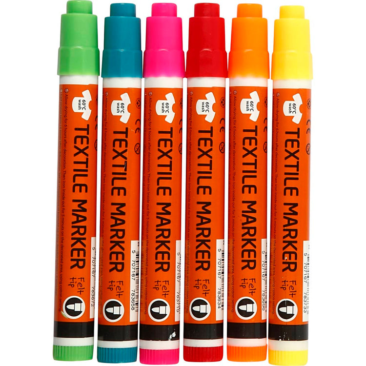 Textilmarker, Strichstärke 2-4 mm, Neonfarben, 6 Stück, 1 Box