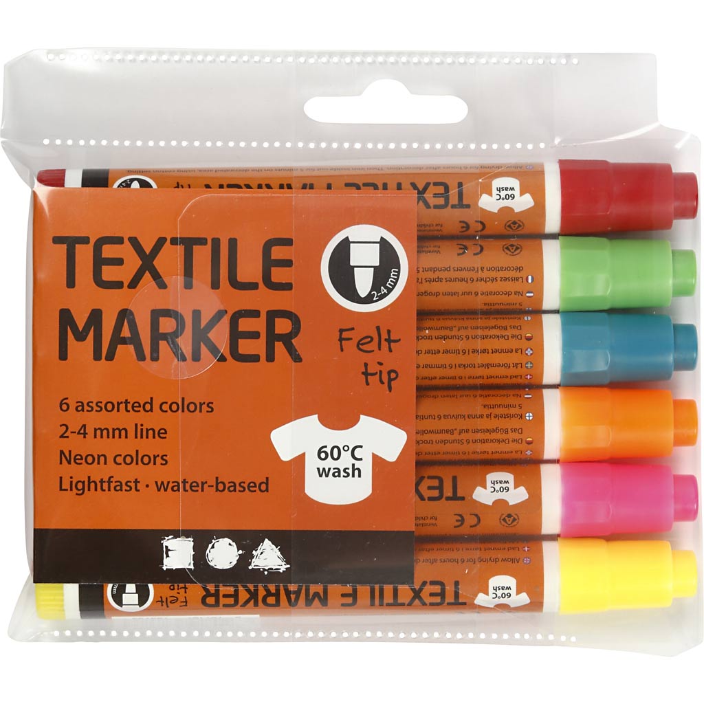 Textilmarker, Strichstärke 2-4 mm, Neonfarben, 6 Stück, 1 Box