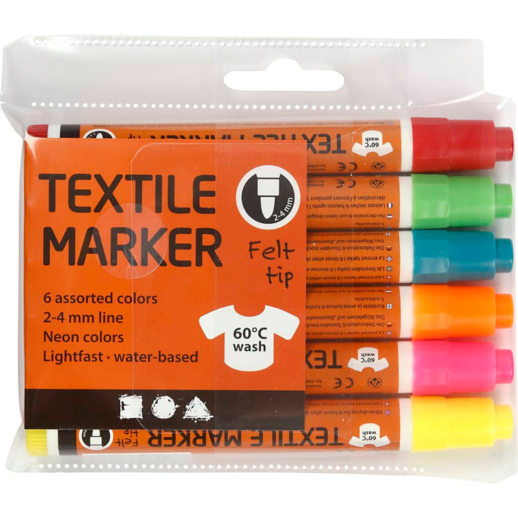 Textilmarker, Strichstärke 2-4 mm, Neonfarben, 6 Stück, 1 Box