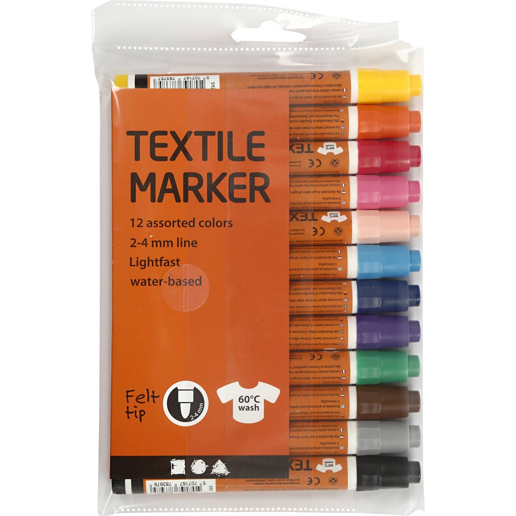 Textilmarker, Strichstärke 2-4 mm, verschiedene Farben, 12 Stück, 1 Box