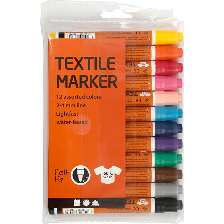 Textilmarker, Strichstärke 2-4 mm, verschiedene Farben, 12 Stück, 1 Box