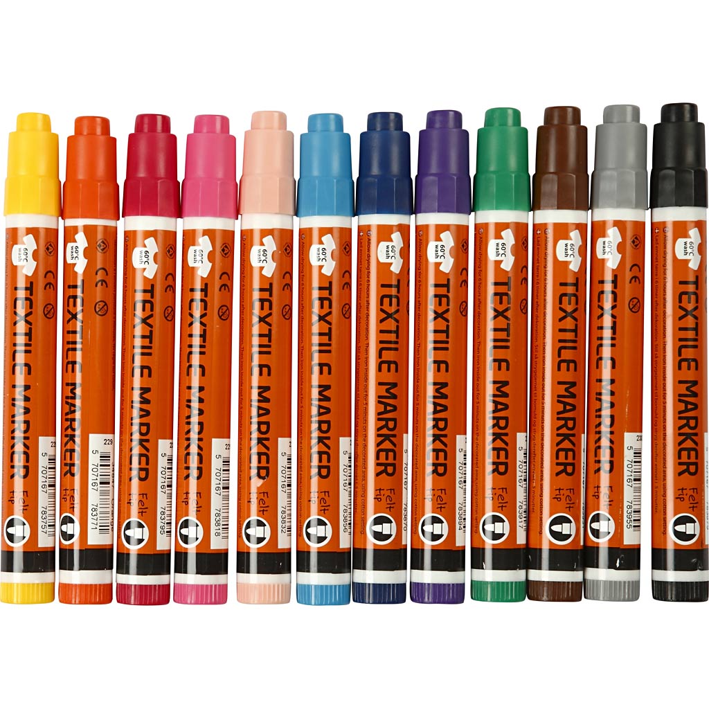 Textilmarker, Strichstärke 2-4 mm, verschiedene Farben, 12 Stück, 1 Box