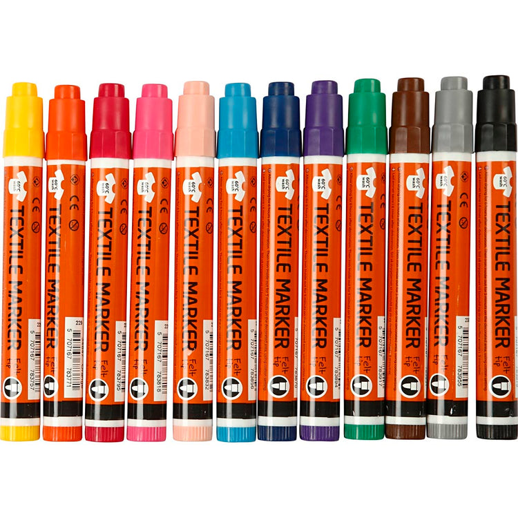 Textilmarker, Strichstärke 2-4 mm, verschiedene Farben, 12 Stück, 1 Box