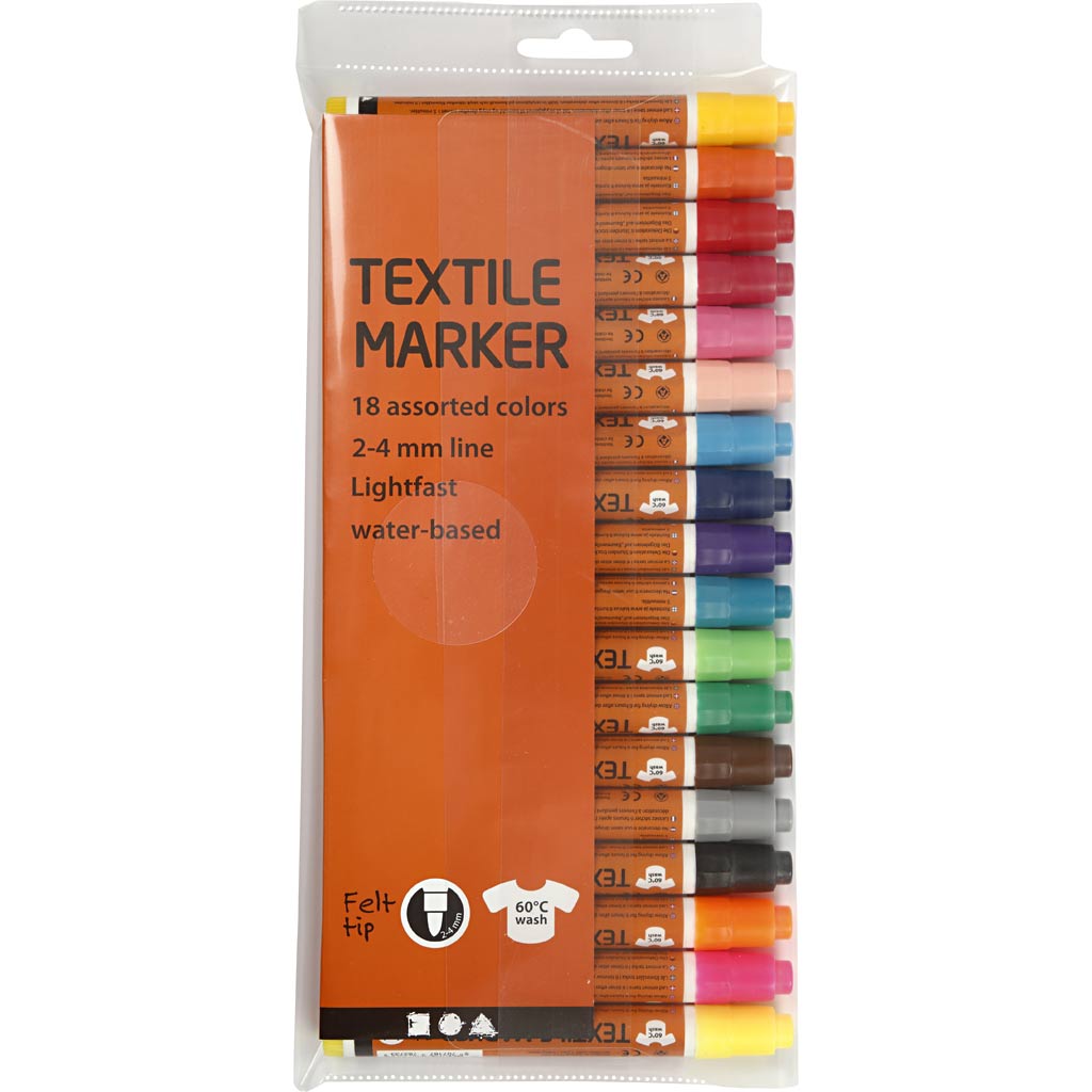 Textilmarker, Strichstärke 2-4 mm, verschiedene Farben, 18 Stück, 1 Box
