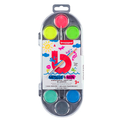 Bruynzeel Kids Aquarell -Set von 12 metallischen Neonfarben
