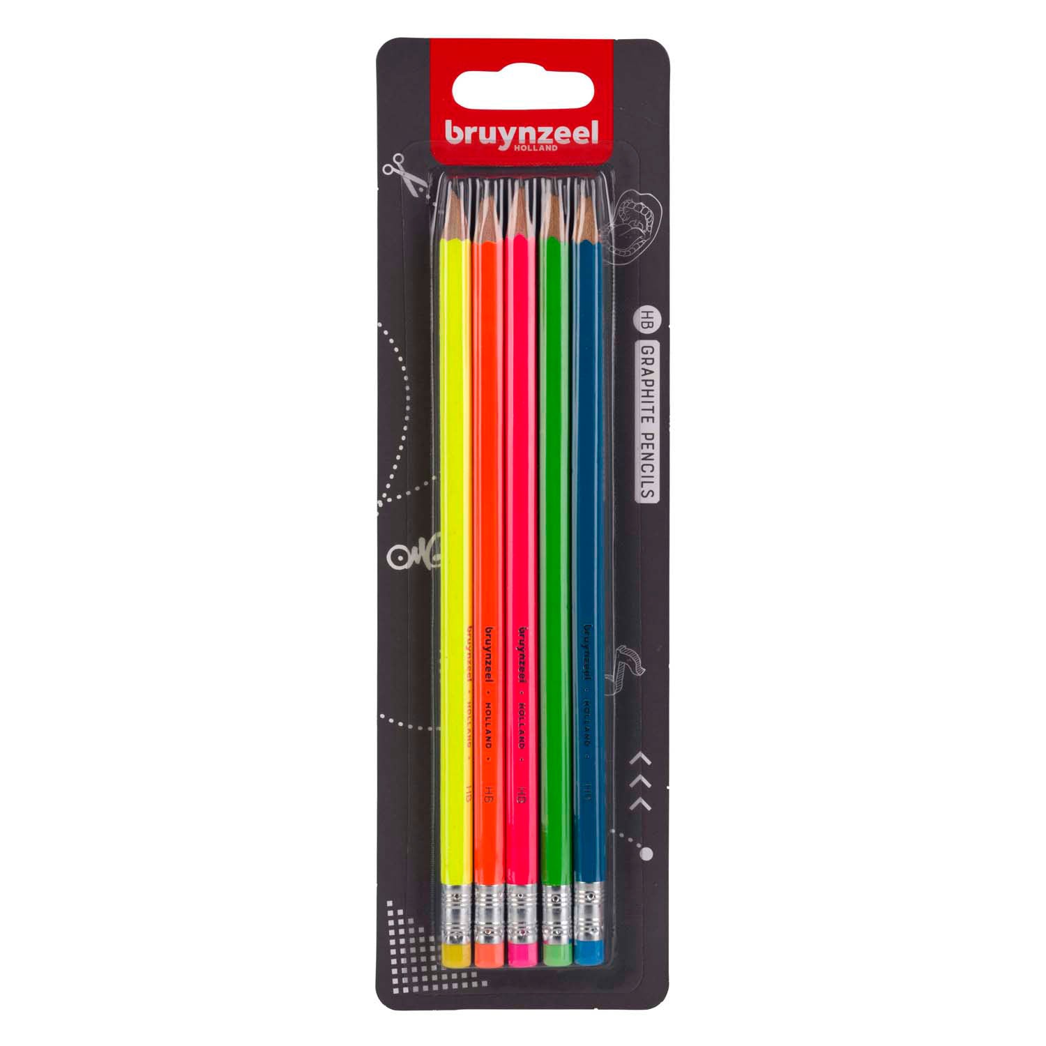 Bruynzeel Graphit Bleistift Neon, 5 HB -Stifte mit Radiergummi