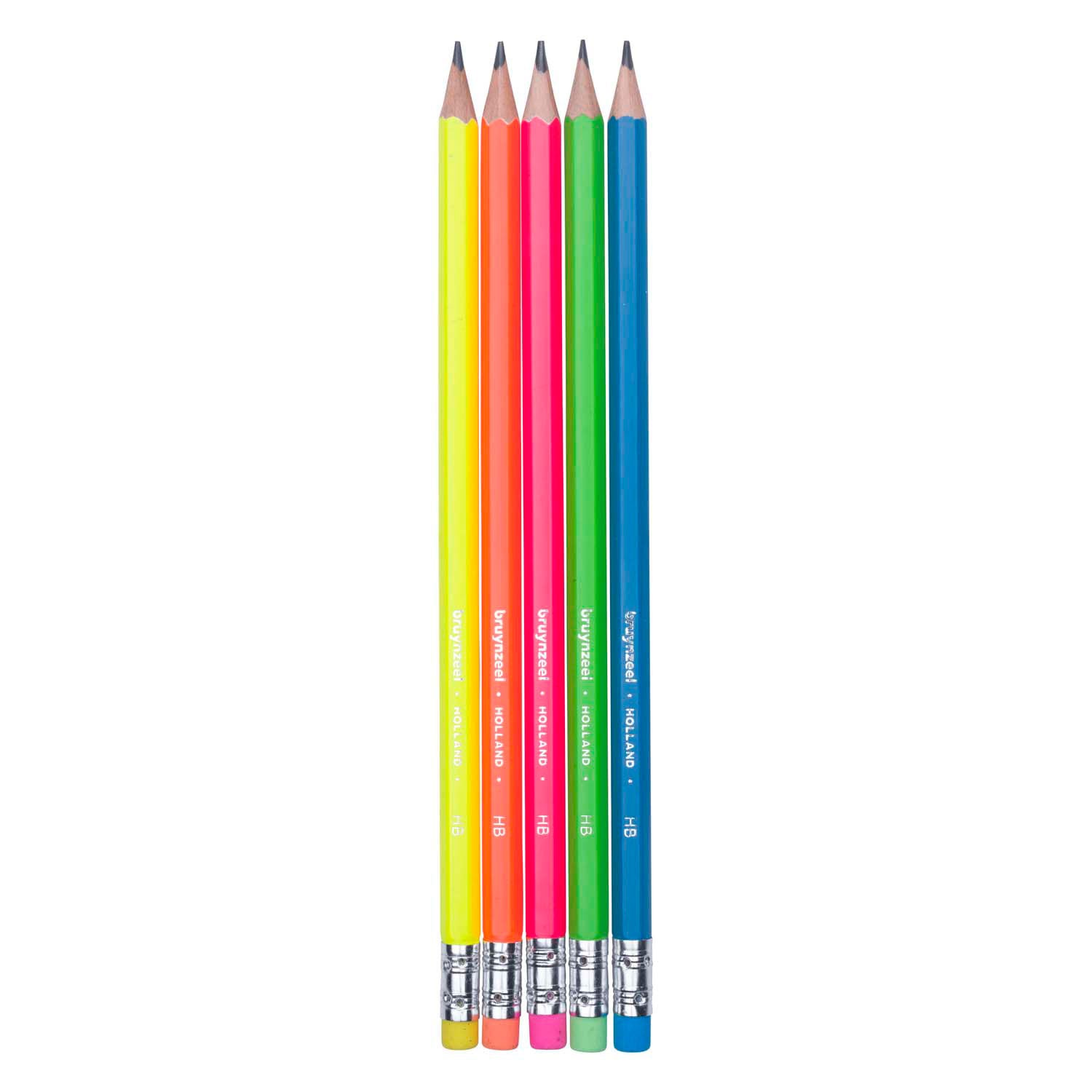 Bruynzeel Graphit Bleistift Neon, 5 HB -Stifte mit Radiergummi