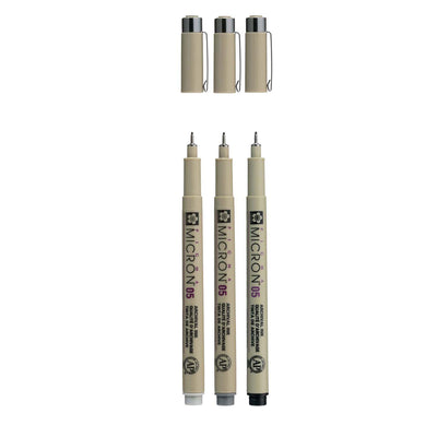 Sakura Pigma Micron 05 Fineliner Set, 3 Stifte, schwarz grau