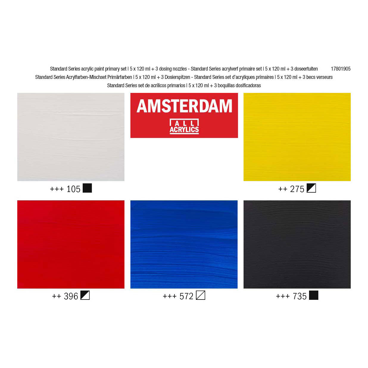 Bruynzeel Amsterdam Standard Series Acrylfarben-Primärset 120 ml, 5-tlg. + 3 dosing spouts