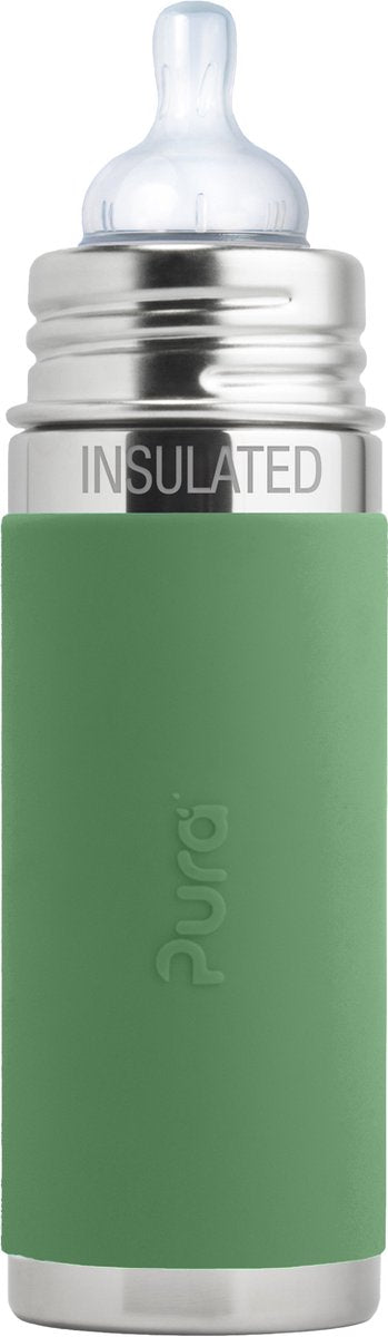 Pura Thermos-Trinksaugerflasche 260 ml – Thermoskanne – Thermosflasche – plastikfrei – mit Isolationswand – verhindert Magenkrämpfe – inklusive Silikon-Trinksauger, Reiseverschluss und Hülle – Moos